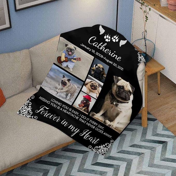 InterestPrint Personalized Memorial Fleece Blanket with Dog Cat Photo Wings of Angle Custom Pet Sympathy Remembrance Gift for Family and Friends 40X50 Inch