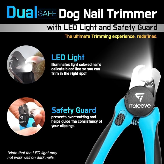 iToleeve LED Dog Nail Clipper with Light, Illuminates Nails or Bloodline for Safe and Easy Trimmers, Extra Sharp for Thick Nails, Quick Sensor, Avoid Over Cutting Toenail, for Cats & Dogs