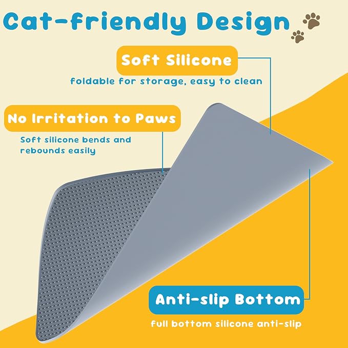 Cat Litter Mat, (33" x 21") Silicone Litter Trapping Mat - Waterproof/Urine Proof, Litter Box Mat - Keep the Floor Clean Grey