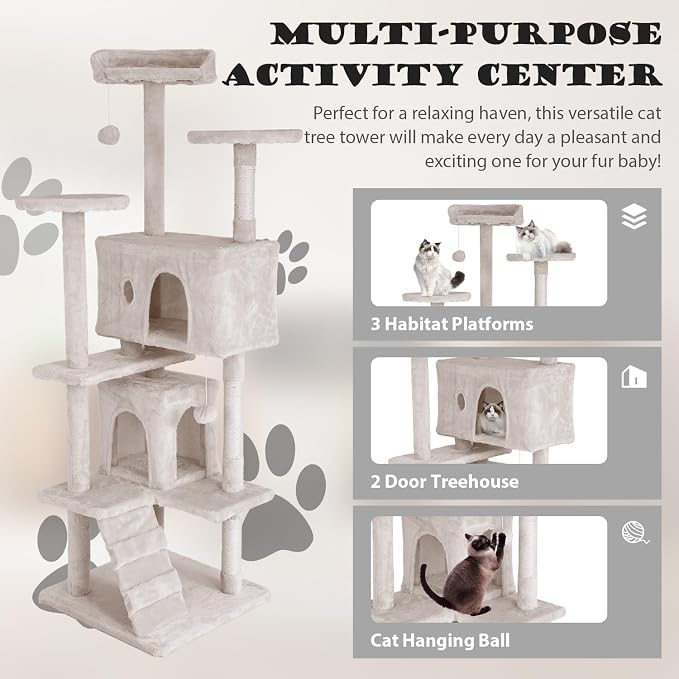 Heavy Duty Cat Tree Tower, 70" Tall Cat Tower for Indoor Cats with Cat Scratching Post with Bed, Cat Condo, Hanging Ball, Multi-Level Cat Climbing Tower Cat Trees Furniture Activity Center, Beige