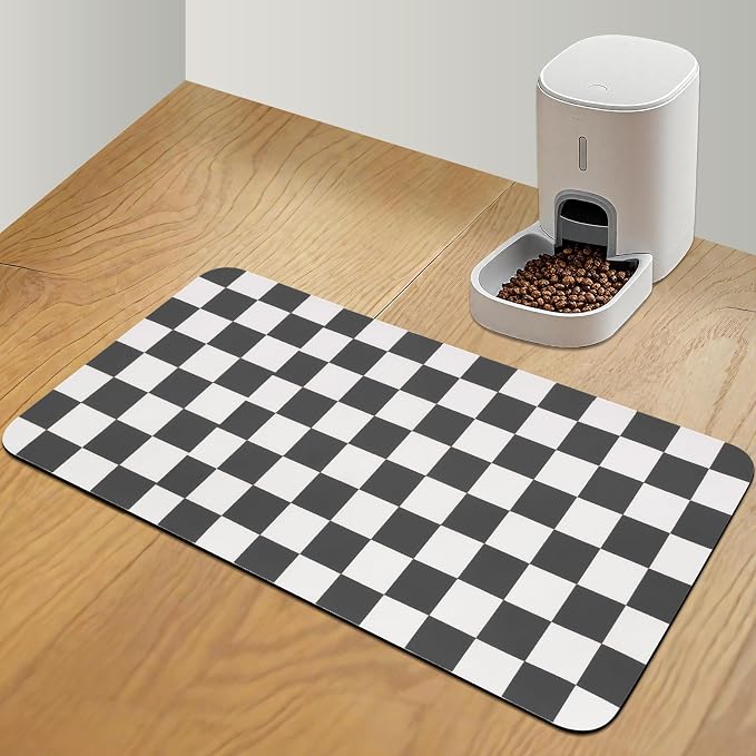 CooRug Checkered Dog Food Mat, Pet Feeding Mat 32" L x 17" W, Black | Absorbent, Leak-Proof, Anti-slip, Quick Dry, Eco-friendly Materials, Easy to clean and store, For Messy Drinkers