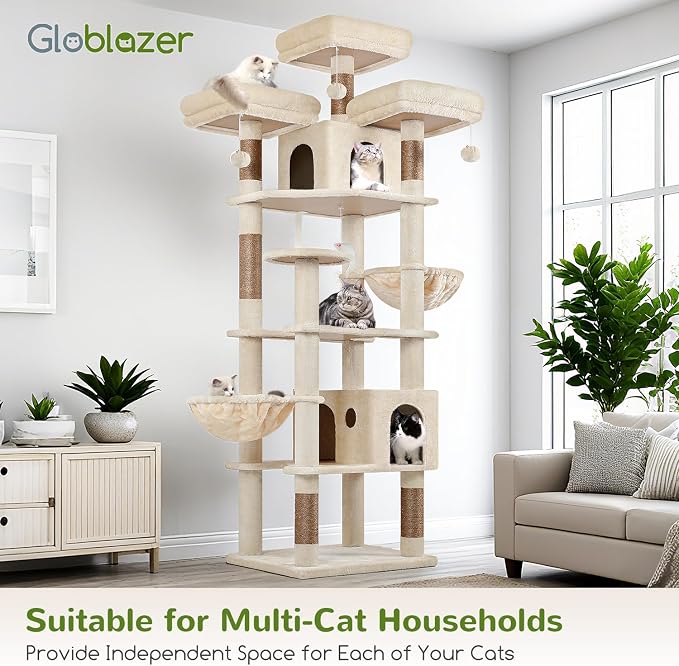 Globlazer Cat Tree Tower for Multiple Adult Cats, 82 inch, F82, Beige | XXL Tall Cat Tree Tower for Indoor Cats with Scratching Post, 3 Perches, 2 Condos, 2 Hanging Baskets