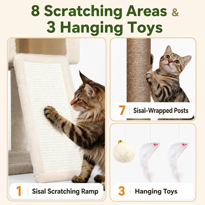 Globlazer F83C Pro Max Heavy Duty Maine Coon Cat Tree, 83in Tall Tower | Easy Assembly, Large Cats, 2 Condos, 3 Hanging Baskets, 2 Perches, 7 Sisal Scratching Posts, Anti-Topple Strap, Beige