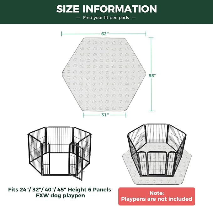 FXW Washable Pee Pads for Dogs, Super Absorbent, 31" Hexagon, 1 Pack | Machine washable, Non-slip backing, Fits 24"H 6-Panel FXW Rollick/Homeplus Playpens