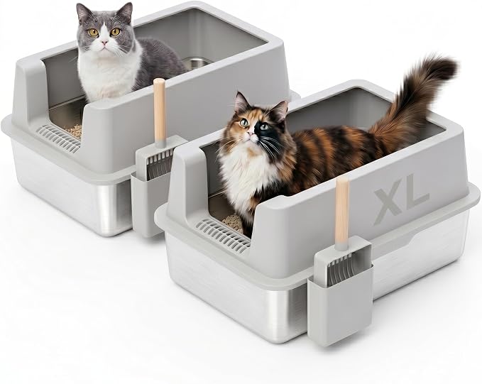 2 Pack Stainless Steel Cat Litter Box - Enclosed XL Metal Kitty Litter Box with Lid for Big Cats, High Sided, Anti-Leakage, Easy Cleaning, Non-Sticky, Included Cat Litter Spoon