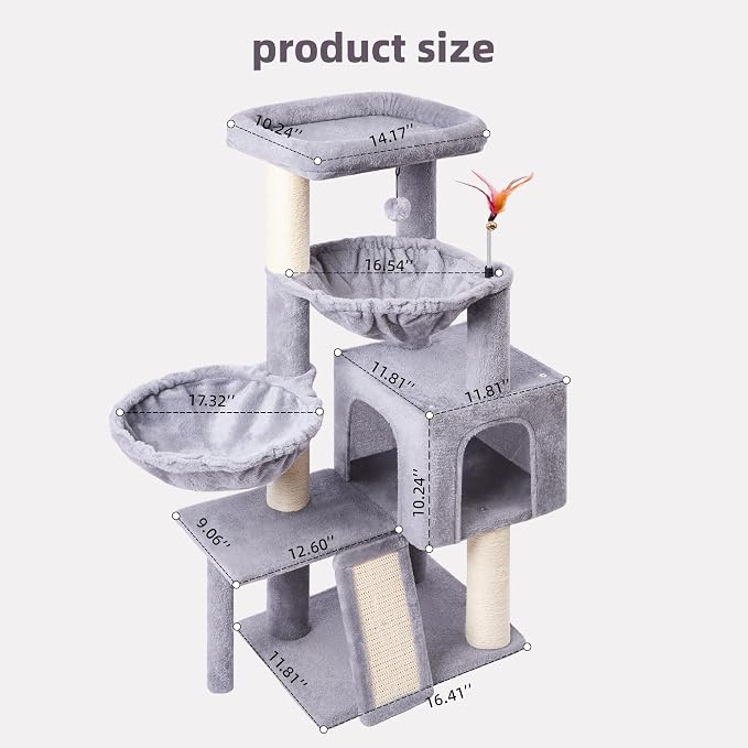 Cat Tree with Cat Condo and Two Hammocks, Cat Tree with Scratching Posts and Scratching Pads, Cat Tower for Indoor Cats, Activity Centre Climbing Tree with Playful Toy Balls, Grey