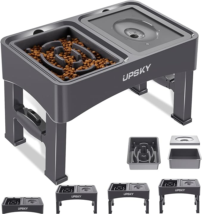 UPSKY 2-in-1 Elevated Dog Bowls Set with 4 Height Adjustable Stand, Gray | No Spill Water Bowl, Slow Food Bowl, No-Splash, Anti-Slip, Dishwasher Safe, Folding Design, Suitable for Small Medium Dogs