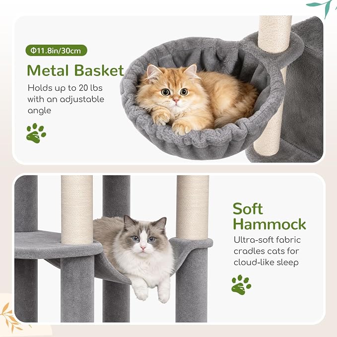 Globlazer 73in Corner Stable Cat Tree for Indoor Cats, C73, Light Grey | Space-Saving Multi-Level Climbing Tower, Large Fan-Shaped Condos & Top Perch, 8 Full-Sisal Posts & Board, Metal Baskets