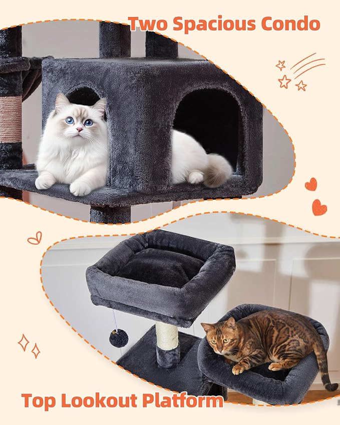 Taoqimiao Cat Tree, 67 in Tall Cat Tower with 2 Plush Cat Condos | 7 Scratching Posts, 2 Top Perches, Cozy Hammock & Basket, Indoor Cats, 2 Pompoms & Mouse Toy, Smoky Gray, MS013G
