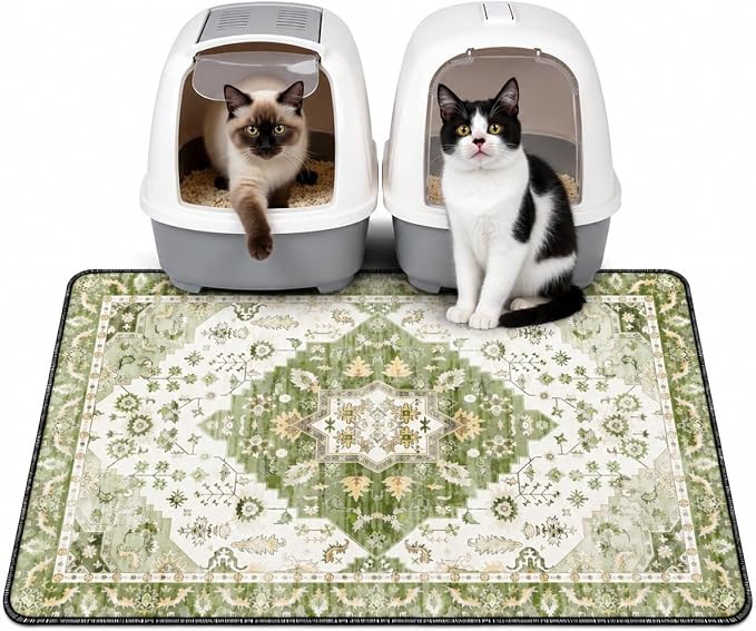Cat Litter Mat Litter Trapping Mat, 35"x23" Waterproof Urine Proof Litter Box Mat Catcher Mat Non-Slip Washable for Kitty Kitten, Green