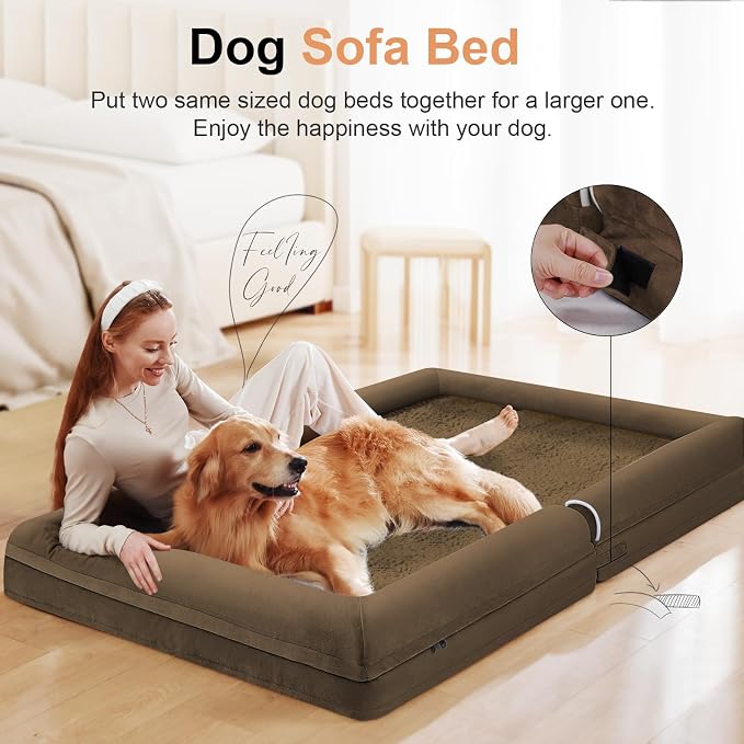 NANUYA Orthopedic Dog Bed for Large Dogs, 36 x 27 Inch, Dark Coffee | Egg crate foam for joint support, 3-sided bolster pet sofa, waterproof lining, washable cover, and non-skid base
