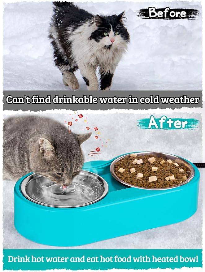 Heated Water Bowl for Cats - 48Oz Outdoor Heated Pet Dog Bowl with 2 Stainless Steel Bowl, Thermostatic Control for Keeping Water and Food from Freezing in Winter Cat Gifts