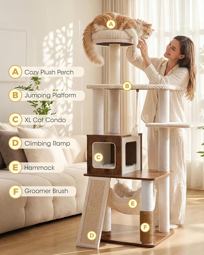 61" Modern Cat Tree, Tall Cat Tower with Self-Grooming Brush | Removable Washable Cushion, Pyramid Anti-Tip Base, Cat Furniture, Cozy Cat Condo, Sisal Scratching Post, Multi-Cat Household