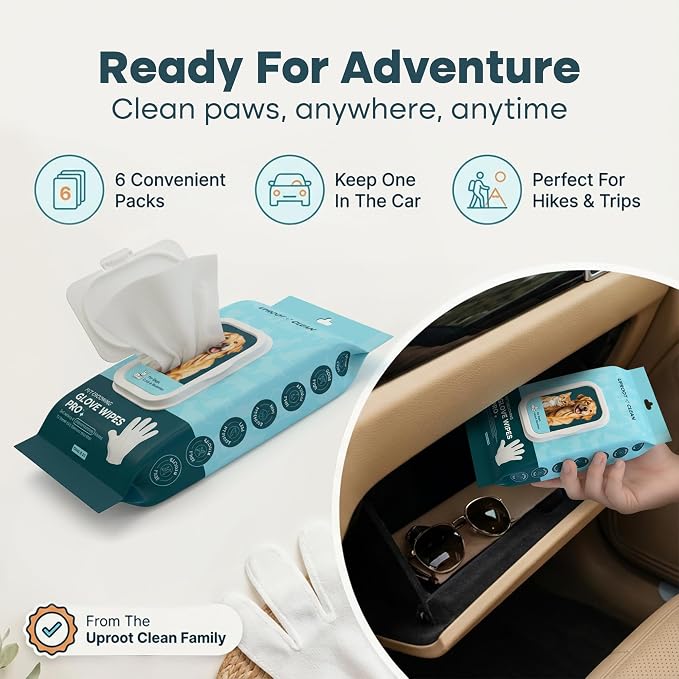 Uproot Clean Pet Grooming Gloves: Deodorizing & Grooming, 3-Month Supply | Extra-Thick Cat & Dog Wipe for Clean Paws, Eyes, Ears, Butt & Body, Lick-Safe. Mess-Free - Removing Tough Dirt, Odor, Oils
