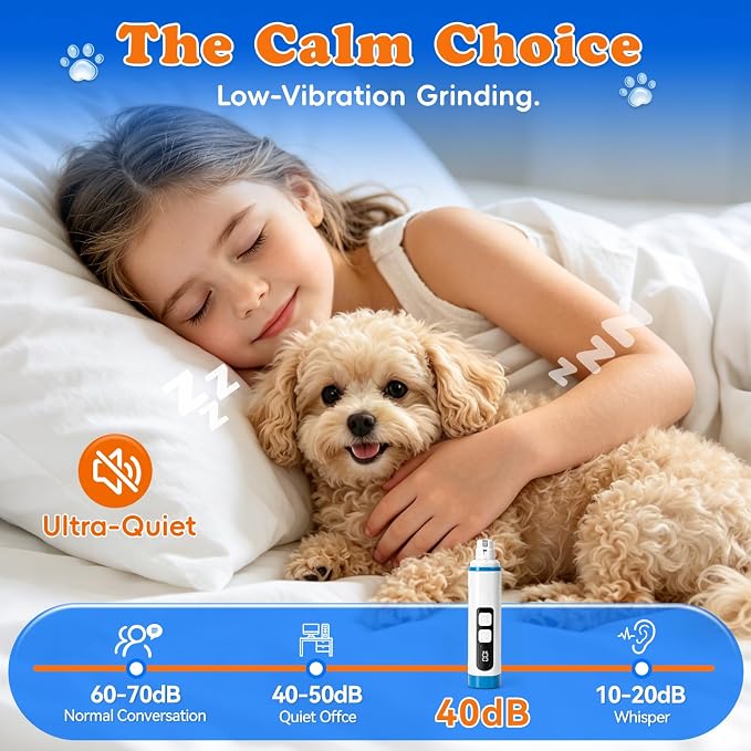 Dog Nail Grinder for Small Medium Large Dogs & Cats, Cordless & Rechargeable, Low Noise Dog Nail Care for Beginners