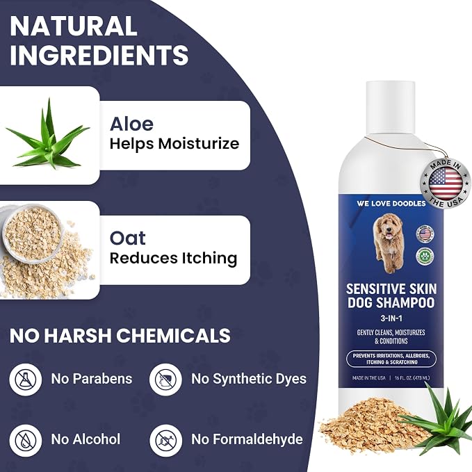 Dog Shampoo for Sensitive Skin with Oatmeal & Aloe, Hypoallegenic Tearless | Soothes Itching, Scratching & Allergies, Natural Sensitive Skin Dog Shampoo, Tear Free For Cats & Pets, 16OZ, Made in USA