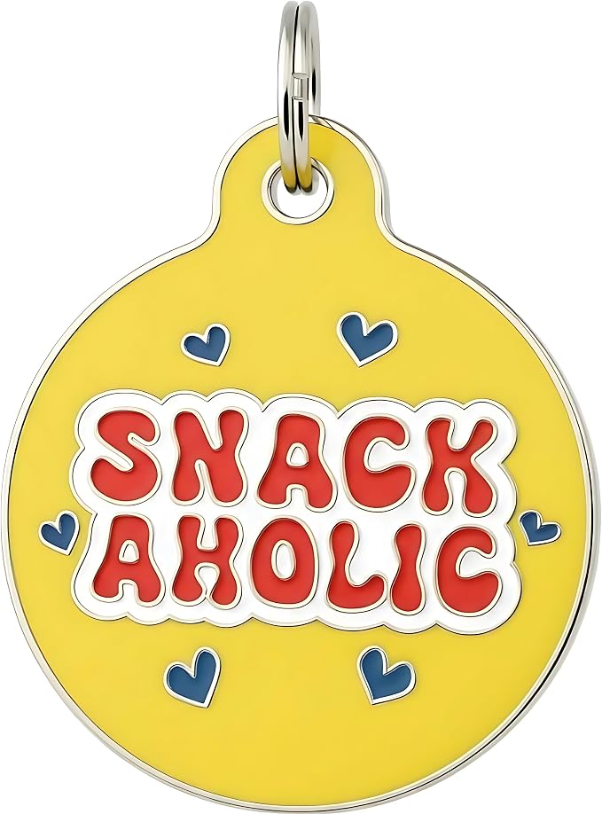 Bad Tags Personalized Dog and Cat ID Tags in 25+ Designs and 2 Sizes - 5 Lines of Custom Engraved Text - Funny Cute Personalized Pet Tags (Snackaholic, Small (1 inch))