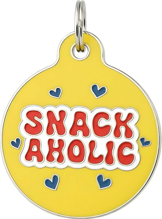 Bad Tags Personalized Dog and Cat ID Tags in 25+ Designs and 2 Sizes - 5 Lines of Custom Engraved Text - Funny Cute Personalized Pet Tags (Snackaholic, Small (1 inch))