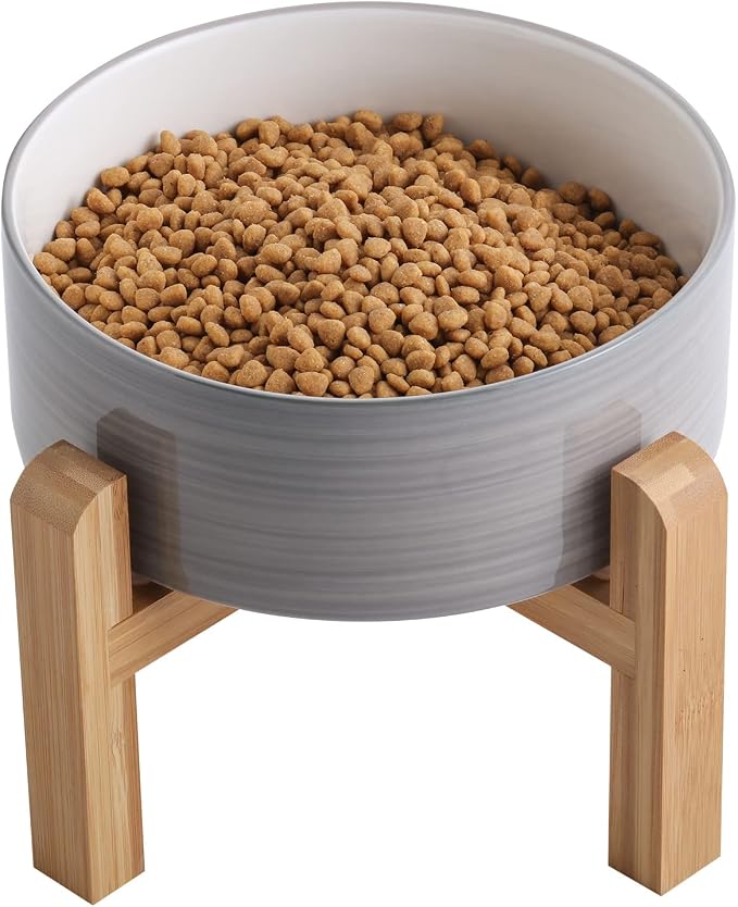 Elevated/Raised Dog Bowl Ceramic with Wood Stand for Small Medium Breed,Dog Food Water Dish Heavy, 6 in Non Slip Modern Cute Porcelain Pet Bowl Grey White