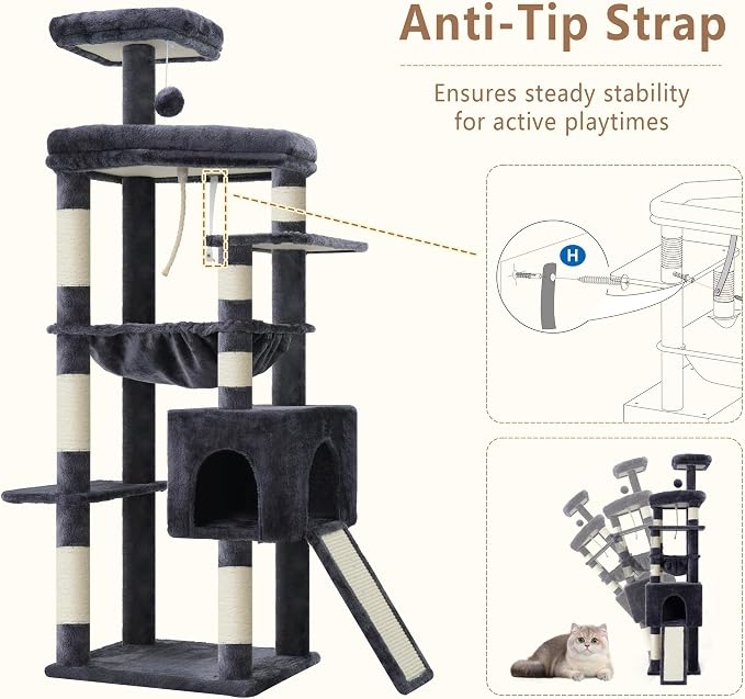 Heybly 64.2" Heavy-Duty Cat Tree for Large Cats with Wide Base HCT027G | Indoor Cat Tower with Scratching Posts & Board, Cat Furniture with Big Platforms, Extra-Large Hammock, Smoky Gray