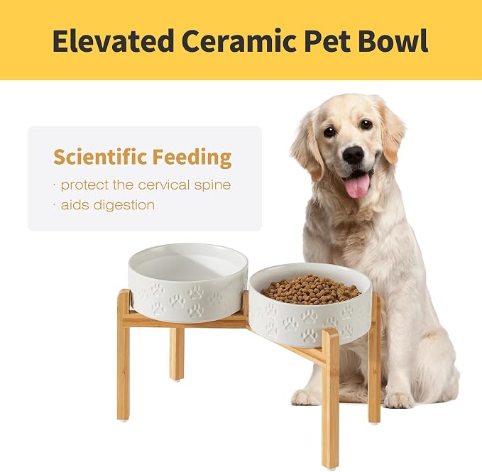 Elevated Ceramic Dog Bowl Set, Anti-Skid Bamboo Stand, White, 8.3 inch | Food and Water Bowls with Fixed Non-Slip Rubber Ring, Microwave Safe, Easy to Clean, 7.5 Cup per Bowl, for Large Breed Dogs