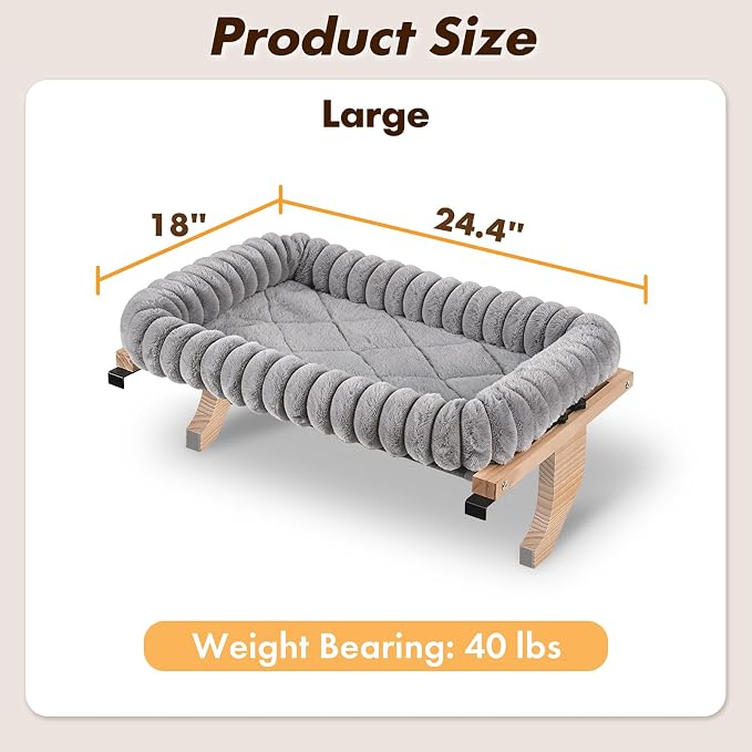 Zoratoo Cloud-Cuddle Cat Perch for Window Sill with Zipper Cushion, L Gray | 24.4’’x18’’, Removable for Machine Wash, Fluffy Plush Bolster, Sturdy Metal Frame for Large Cats up to 40lbs, Easy to Adjust