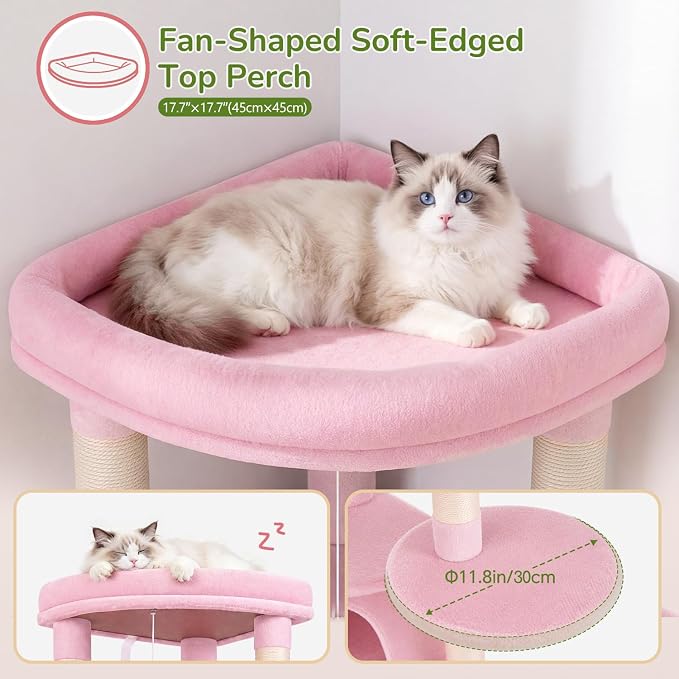 Globlazer Pink Corner Cat Tree Tower with Scratching Post, C51, Pink | 51in Space-Saving Multi-Level Cute Cat Condo for Indoor Cats with Hammock, Large Top Perch for Large Cats, Cozy Cat Cave