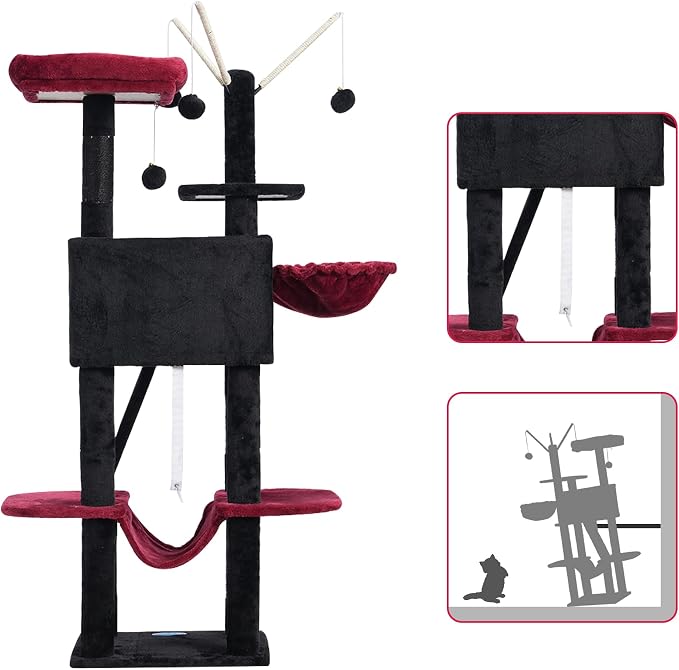 Hey-brother Cat Tree Tower with Padded Platform Bed, Hammock, MPJ019-SBR | 53 Inches Cat House with Large Cozy Condo, Toy Balls and Sisal Scratching Posts for Indoor Multi-Cats, Black and Red