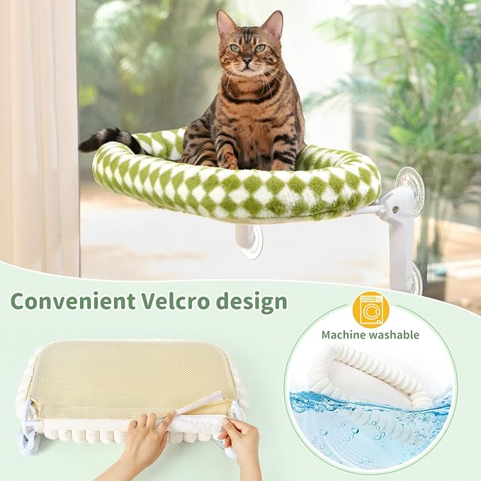 Sunhoo Foldable Cat Window Perch, Large Suction Cup Kitty Hammock, Green | Windowsill Pet Bed for Cats Inside, Cordless Kitten Seat Supports 40 lbs, Soft Reversible Plush Cushion, Machine Washable