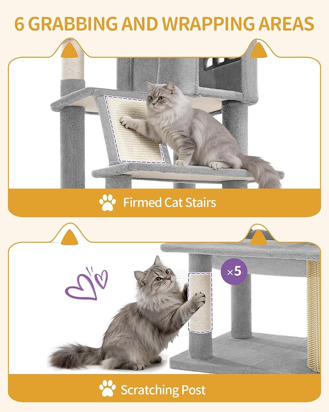 Hzuaneri Tall Cat Tree 84 Inch, Indoor Large Multi-Level Cat Tower | Cat Condo Furniture with 5 Scratching Post, 2 Hanging Basket, 2 Condo, 2 Large Platform, Pet Play House, Light Grey MS21318LG