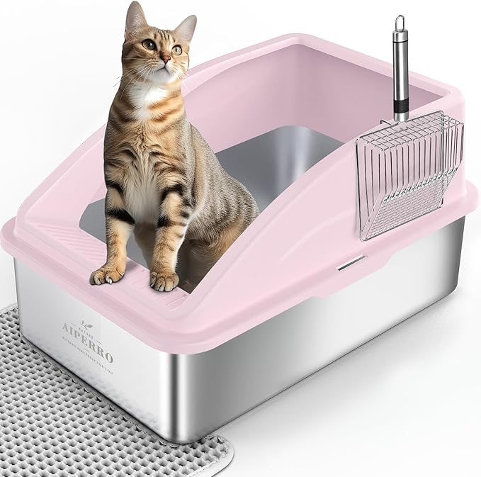 AIPERRO Stainless Steel Litter Box | XL Enclosed Cat Litter Box with Lid for Big Cats | High Sided, Anti-Urine Leakage | Non-Stick Bottom & Includes Litter Mat & Metal Scoop | Cute Pink