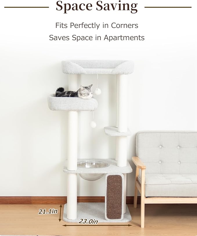 Cat Tree for Large Cat, Modern Senior Friendly Cat Tower with Wide Shelves Low Step, Cotton Scratching Posts, Super Sturdy Base, Cozy Perches, and Interactive Toys (Gray)