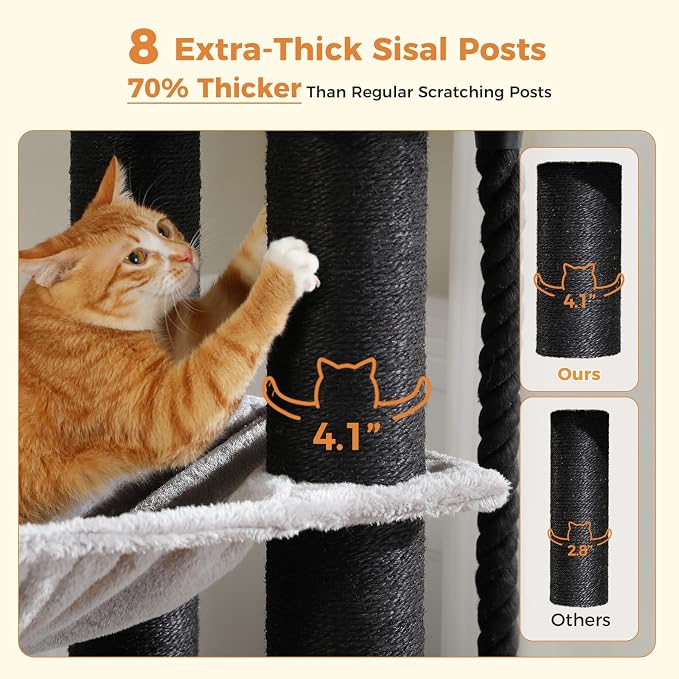 Maine Coon Cat Tree-67 Large Cat Tower for Indoor Cats Large Adult with 7 Thick Black Scratching Posts (φ4.3), Multi-Level Condo, Big Perch & Hammocks -Black | 7 thick 4.3in posts, Multi-level condo, XL top perch, Cozy hammocks, Sized for Maine Coon, H...