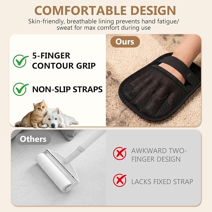 Upgraded Pet Hair Removal Gloves - Electrostatic Grooming Five-Finger Reusable Fur Remover with Snug Elastic Wrist for Dogs and Cats, Magic Brush Pet Needs for Furniture Couch Carpet Clothes Car Seats