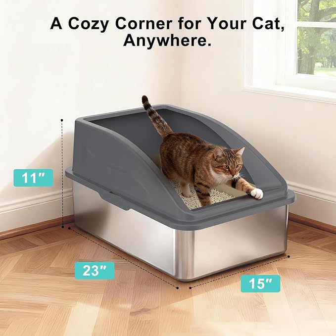 AIPERRO Stainless Steel Litter Box | XL Metal Cat Litter Boxs with Lid | High Sided Litter Box for Big Cats | Anti-Urine Leakage | Non-Stick, Easy to Clean & Odor‑Resistant with Cat Litter Scoop
