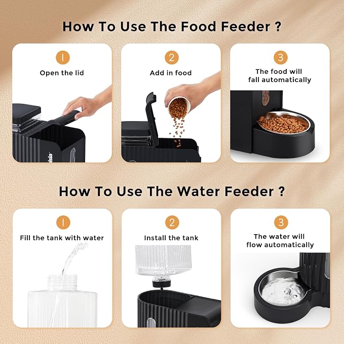 ZOMISIA Gravity Cat Feeder and Water Dispenser with 304 Stainless Steel Bowls, 2 in 1 Automatic Cat Feeder with 180 Degree Rotatable Water Bowl, Large Capacity for Puppy Kitten Rabbits, Black