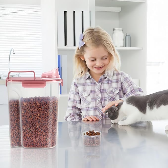 LEAWALK 5-7Lbs/6Qt Dog Cat Storage Container Portable with Upgraded Large Spout and Cup, Plastic Pet Food Dispenser for Small Animal Kibble, Bird Seed, Oatmeal, Rice, Flour, Brown Sugart- Clear pink