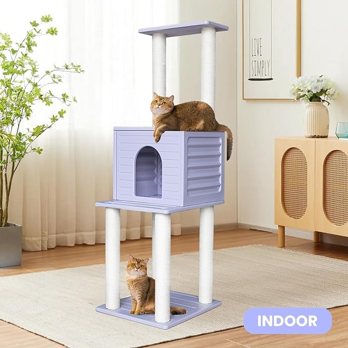 61in Weatherproof Large Cat Condo with Scratch Post for Indoor&Outdoor Cats | Purple Cat Tree Tower with Cat House,Plastic Panels&Durable Polypropylene Scratch Ropes,Suitable for Catio,Deck,Patio CTT-3