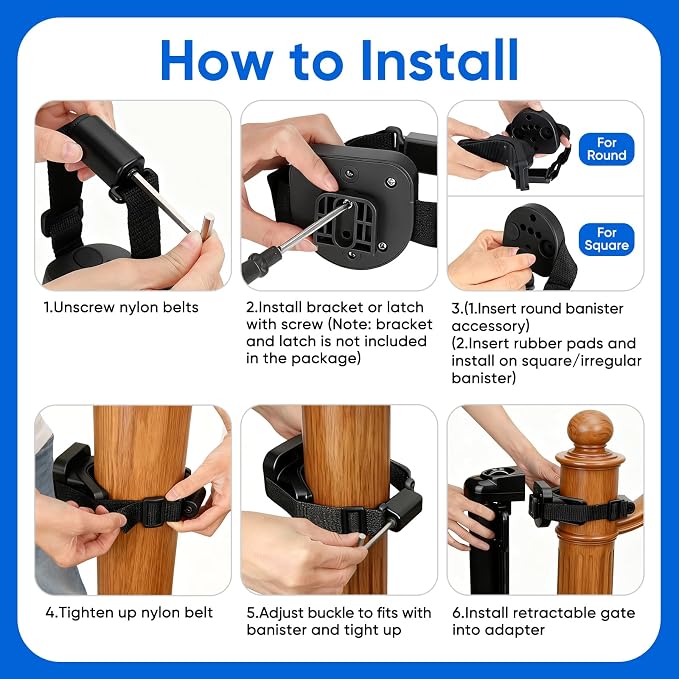 2Pcs Baby Gate Stair Railing Banister Adapter, Mounting Kit for Stairway | Fits 1.9-4.72'' Diameter Universal Banisters, Wide Square/Round Railings No-Drill for Most Gates,Adjustable Fixed Strap,Black