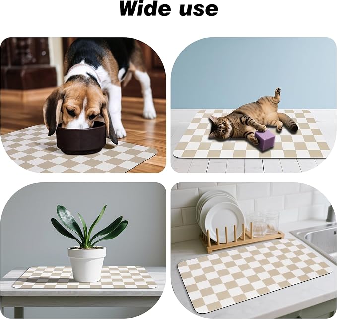 CooRug Checkered Dog Food Mat, Pet Feeding Mat 32" L x 17" W, Beige | Absorbent, Leak-Proof, Anti-slip, Quick Dry, Eco-friendly Materials, Easy to clean and store, For Messy Drinkers