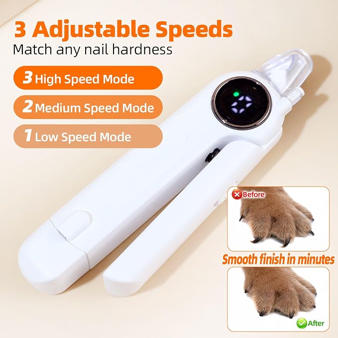 Dog Electric Nail Clippers & Grinder with Light, Quiet Cats Nail Trimmer | Large Medium Small Dogs & Cats - Painless Grooming Tool, 3 Speeds, Rechargeable, Splash Guard & Safety Lock(White)
