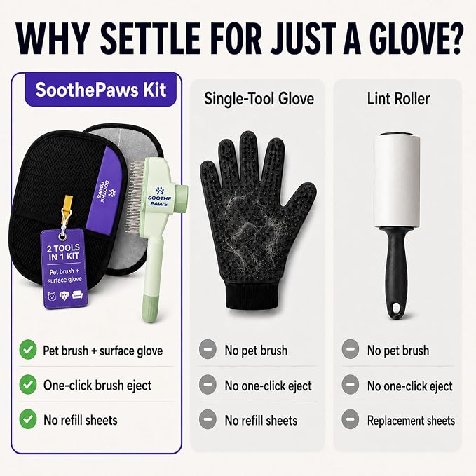 Pet Hair Remover Glove for Dogs & Cats, Self-Cleaning Deshedding Brush Kit | 2-in-1: deshedding brush grooms your pet; electrostatic glove lifts pet hair from cloth couches, car seats & clothing