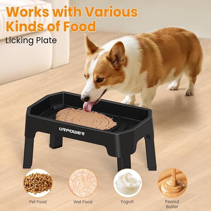 URPOWER 3-in-1 Elevated Dog Bowls - Mess Proof Double Deck 4 Height Adjustable Raised Stand with Stainless Steel Bowl & Slow Feeder & Licking Plate for Small, Medium & Large Dogs