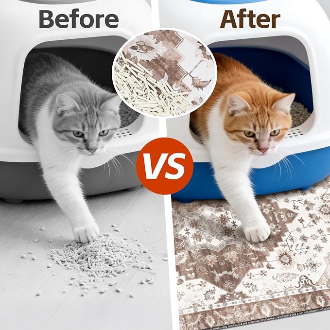 Cat Litter Mat Litter Trapping Mat, 35"x23" Waterproof Urine Proof Litter Box Mat Catcher Mat Non-Slip Washable for Kitty Kitten, Brown