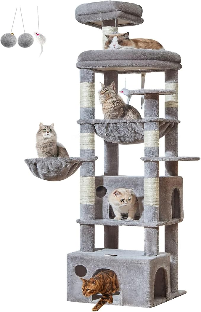 Taoqimiao 76.8in Cat Tree, Heavy Duty Tall Cat Tower for Large Cats F40W | Easy Climbing, Extra Large Sturdy Base, Multi-level Tower, 7 Scratching Posts, Large Hammock, 2 Houses, 2 Perches