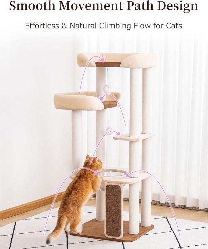 53'' Cat Tree for Large Cat, Modern Senior Friendly Cat Tower with Wide Shelves Low Step, Cotton Scratching Posts, Super Sturdy Base, Cozy Perches, and Interactive Toys (White)