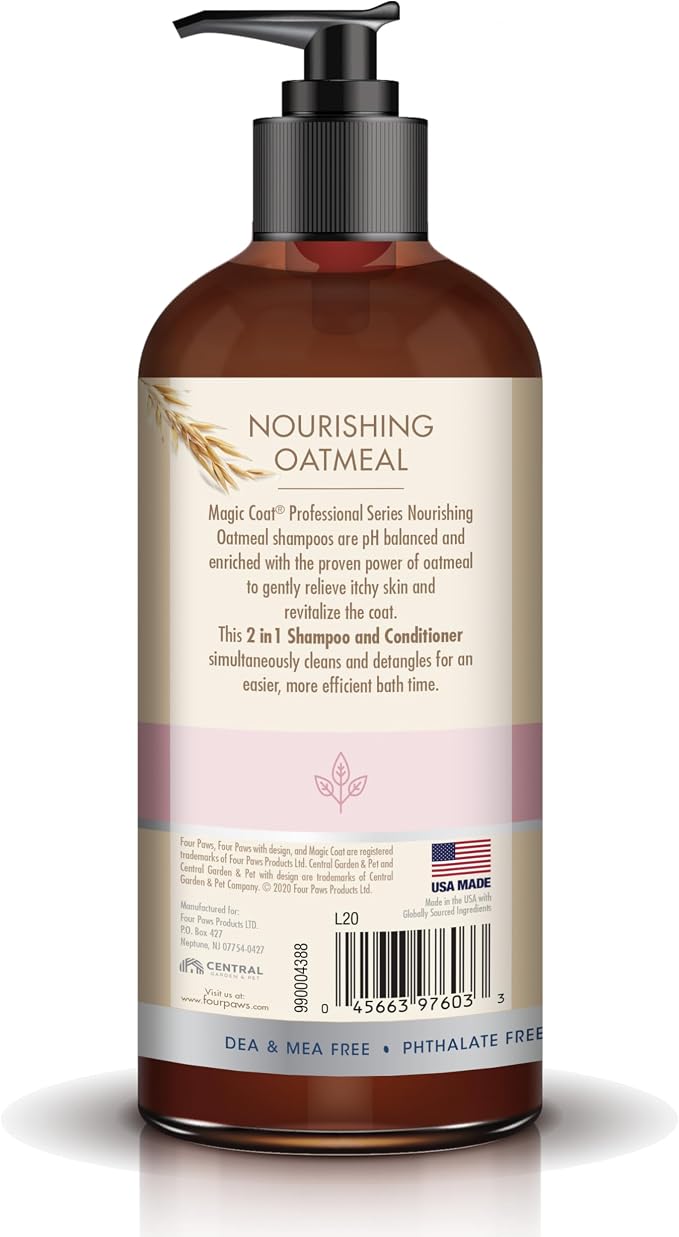 Four Paws Magic Coat Oatmeal 2-in-1 Detangling Shampoo & Conditioner, 16 oz | Almond vanilla scent, moisturizing dog wash, detangles & conditions, with oatmeal to soothe skin