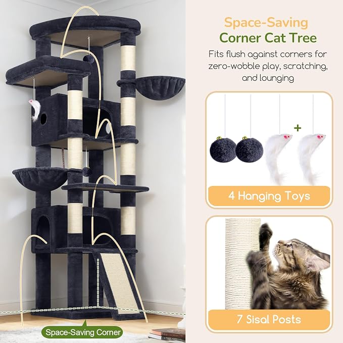 Globlazer 80in Tall Extra Large Heavy Duty Corner Cat Tree Tower, S80C | Sturdy Big Cat Tower for Indoor Cats Large Adult with Scratching Post, 2 Spacious Condos with Padding, 2 Perches, Dark Grey