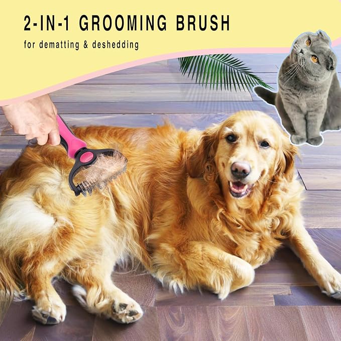 Pet Grooming Rake for Dogs & Cats - Double-Sided Deshedding and Dematting Tool, Gently Remove 95% of Loose Undercoat & Mats for Long-Haired Pets, Painless Fur Brush for Shedding Control (Pink, M)