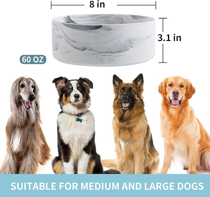 Raised/Elevated Ceramic Dog Bowl for Medium Large Sized Breeds,Large Dog Food Water Bowl with Stand,8 in Non Slip Heavy Weighted 1800ml/ 7.6 Cups/60 OZ Marble Grey